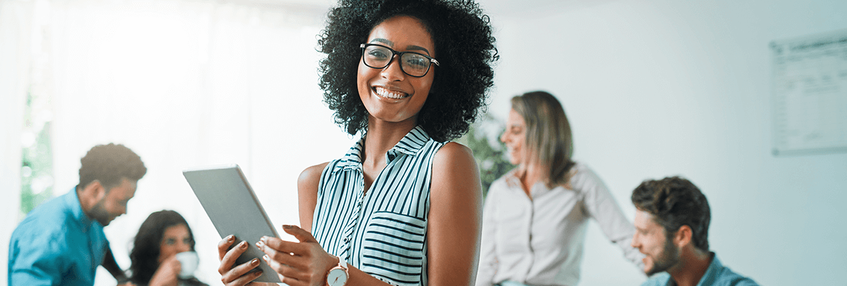 Woman-iPad Smiling female holding iPad